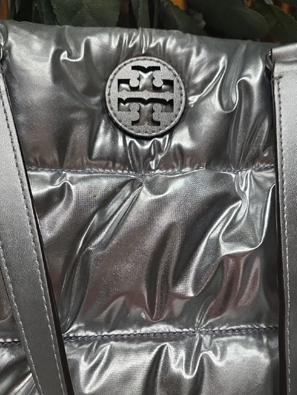 Tory Burch Metallic Silver Quilted Puffer Tote